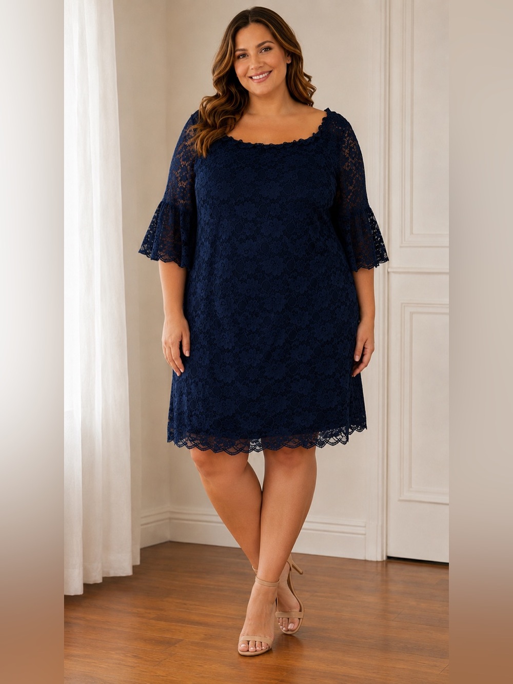 NWT Pinup Fashion 16W Navy Blue Lace Dress 3/4 Bell Sleeves